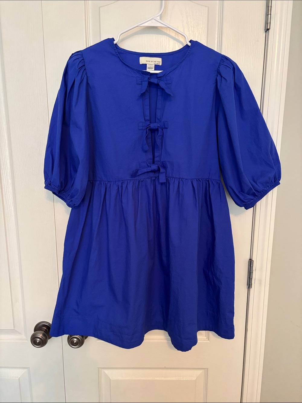 Band Of The Free Bright Blue Puff-Sleeve Mini Dress with Tie Front size Large